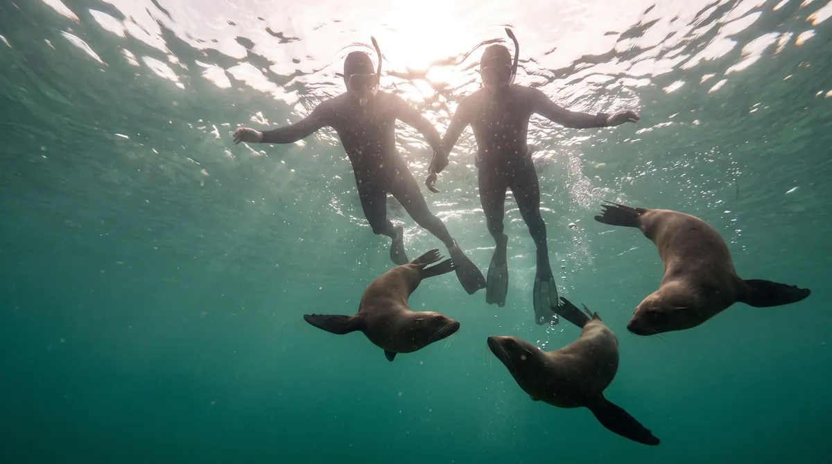 Two snorkellers floating at the surface with Cape fur seals circling below