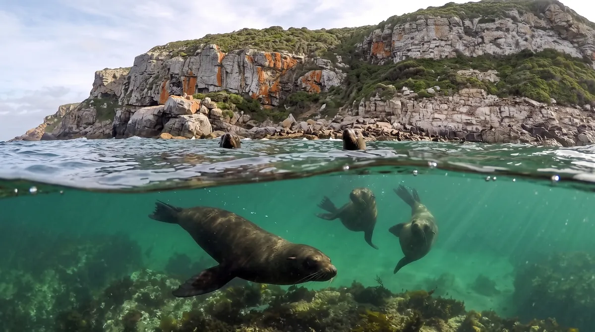 Over-under view of seals at the surface below the Robberg cliffs