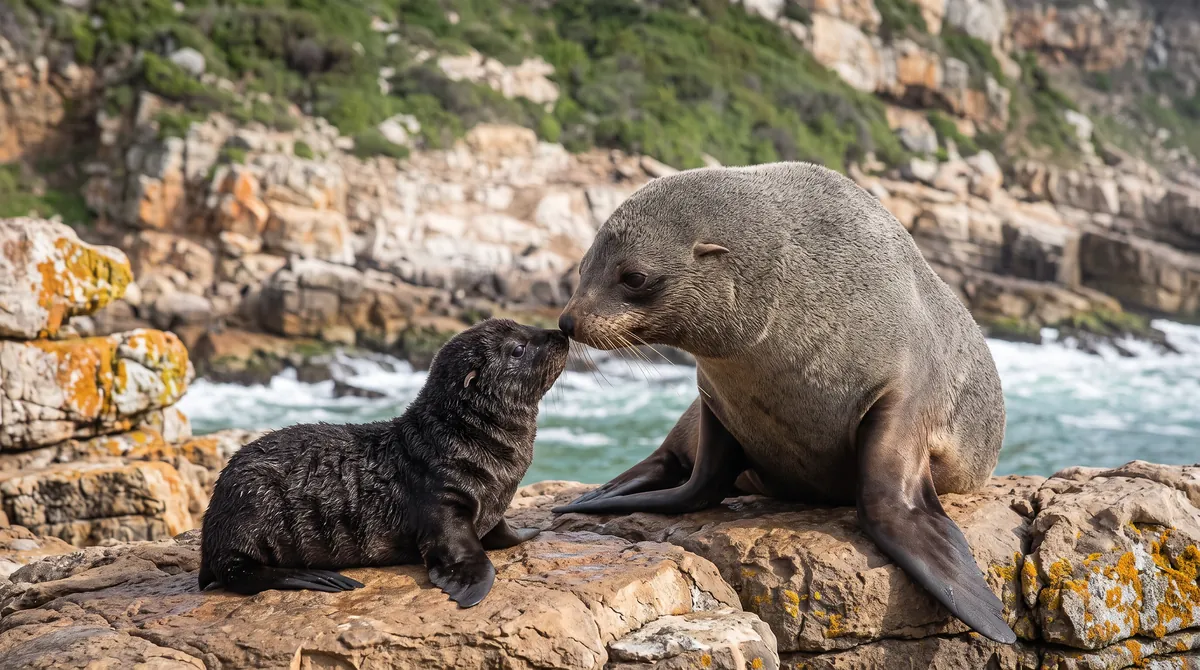 A Cape fur seal pup with its mother on the rocks at Robberg