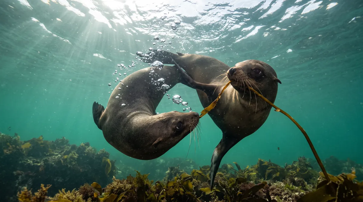 Two youngsters and a strand of seaweed