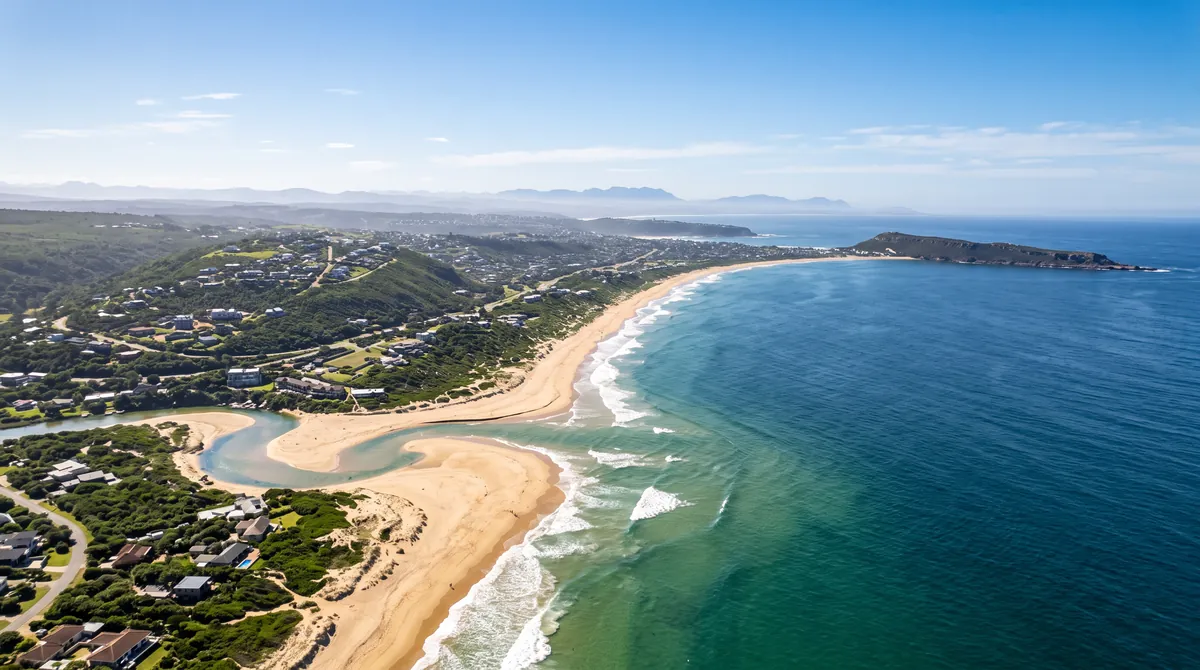 Aerial view of Plettenberg Bay beaches and lagoon with Robberg in the distance