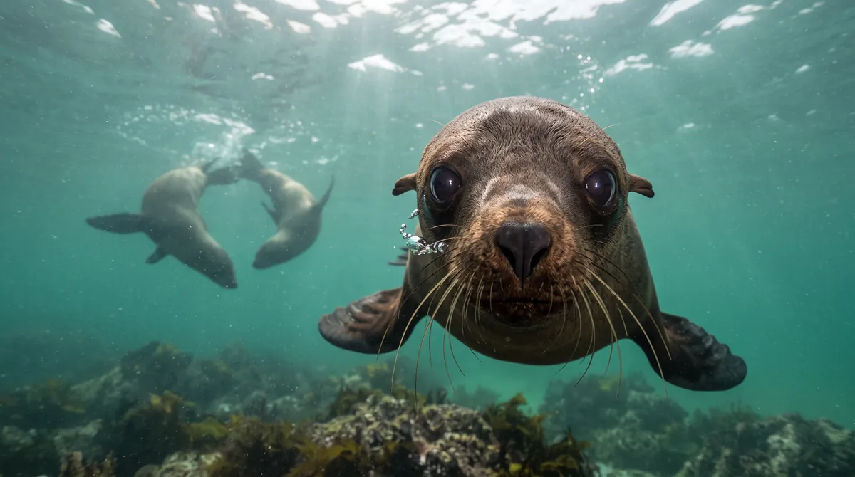 A curious young Cape fur seal face to face with the camera underwater