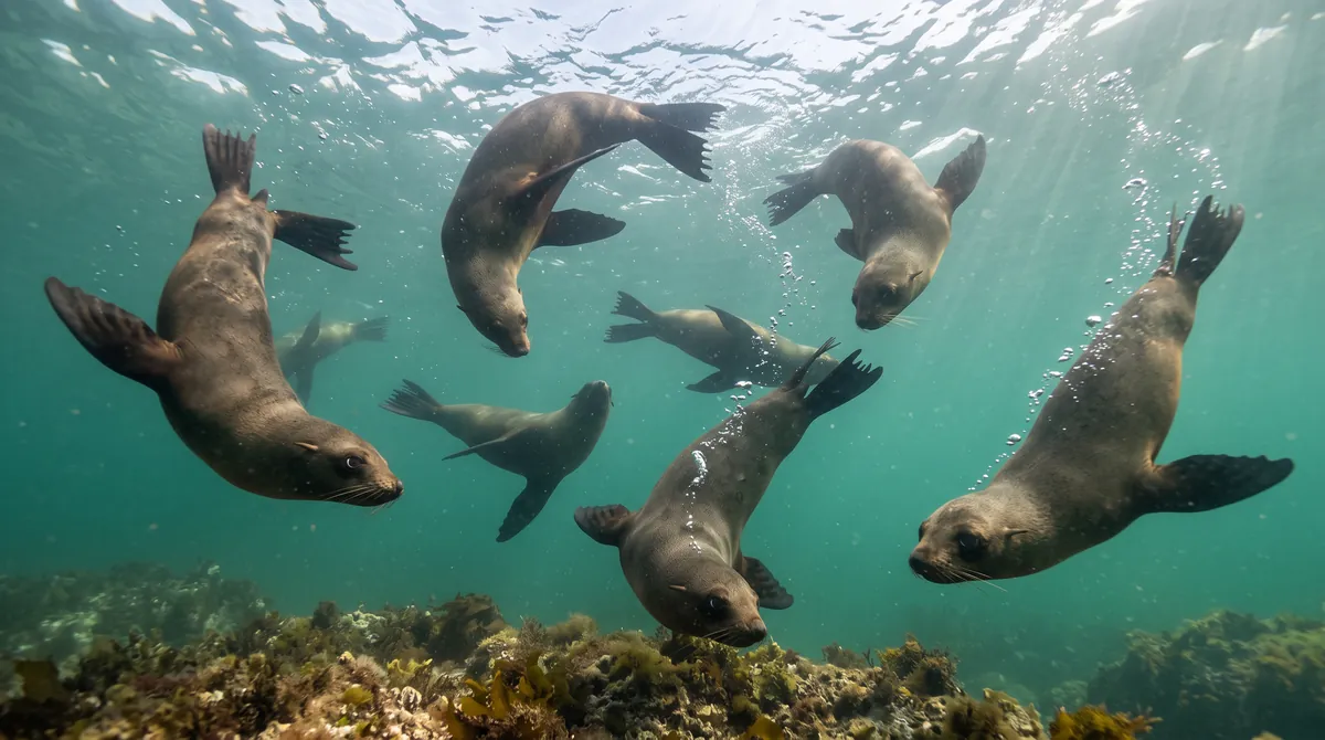 A group of Cape fur seals spiralling underwater in green water