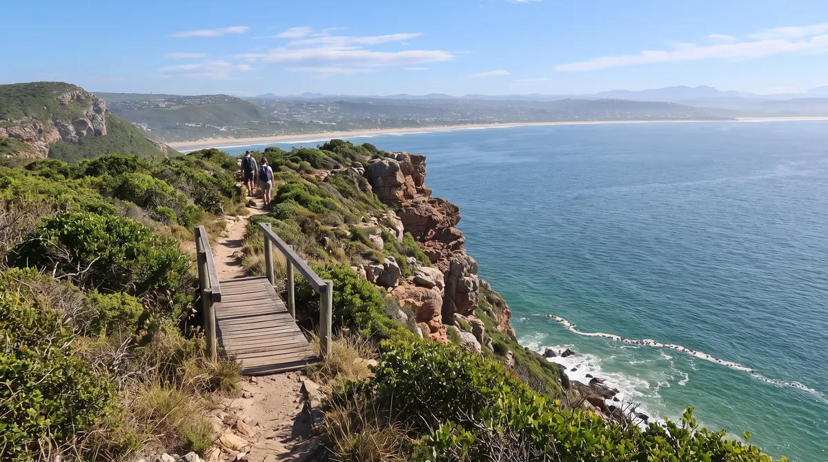 Hikers on the Robberg trail above the bay